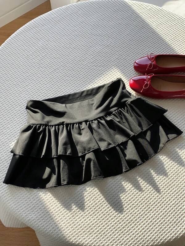 Comfortcana Fusta Mini pentru Femei, Culoare Solidă, Strat Dublu, Volanat, Pentru Vară