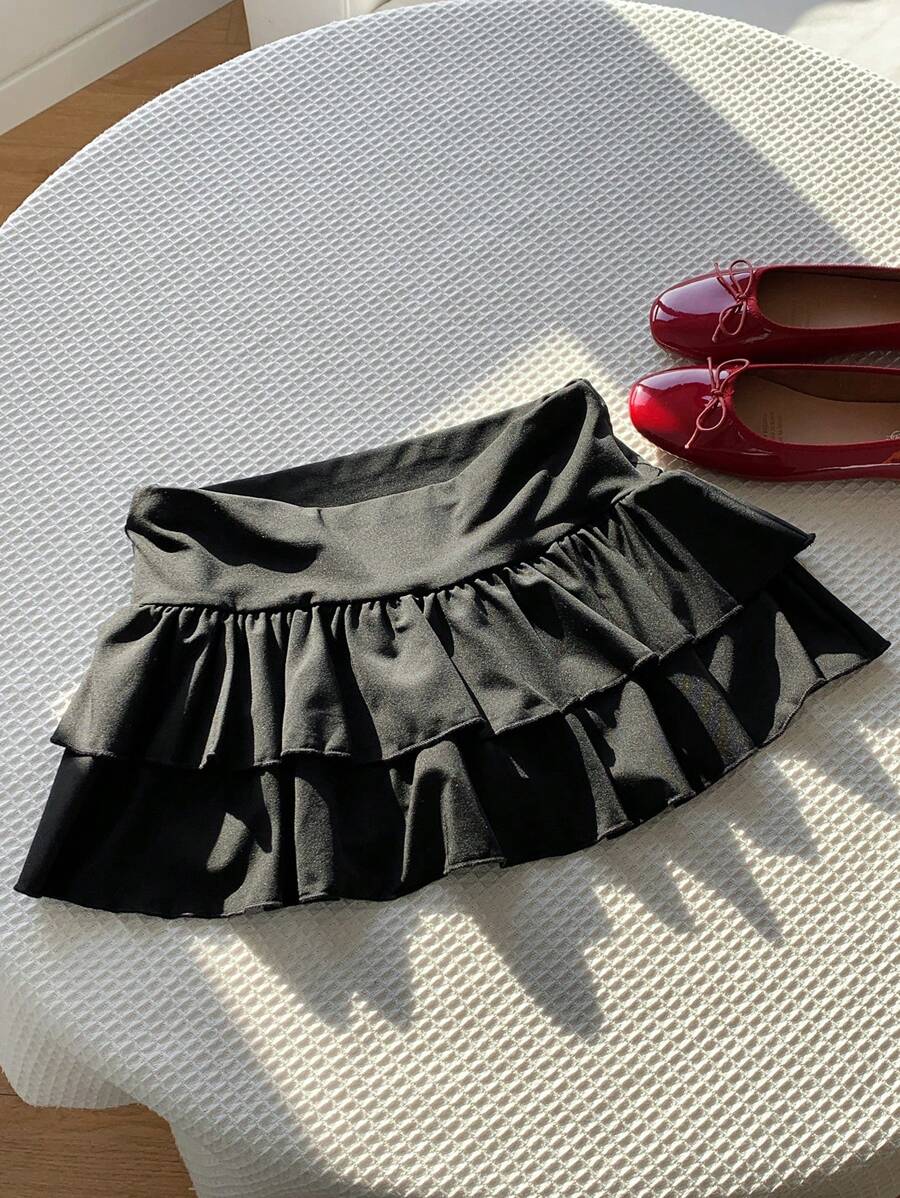 Comfortcana Women Solid Color Double Layer Ruffle Hem Mini Skirt For Summer - Black - View 1