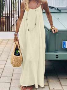 INAWLY 大码纯色露背吊带连衣裙，休闲假日风格 - 杏色 - 查看 4