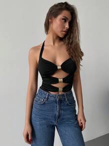 Aloruh Costume da bagno aderente elegante in nero tinta unita, con collo a anello, decorazione con fibbia metallica, alta elasticità, adatto per vacanze al mare
