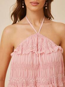 L'Amorae Vestido longo fluido, elegante, rosa pastel, com decote halter, bainha alta e baixa, detalhe de glitter, costas nuas, roupas de verão para mulheres, vestido para convidada de casamento para mulheres, roupas de praia para mulheres, roupas para brunch para mulheres, dia das mães - Rosa Empoeirado - Ver 2
