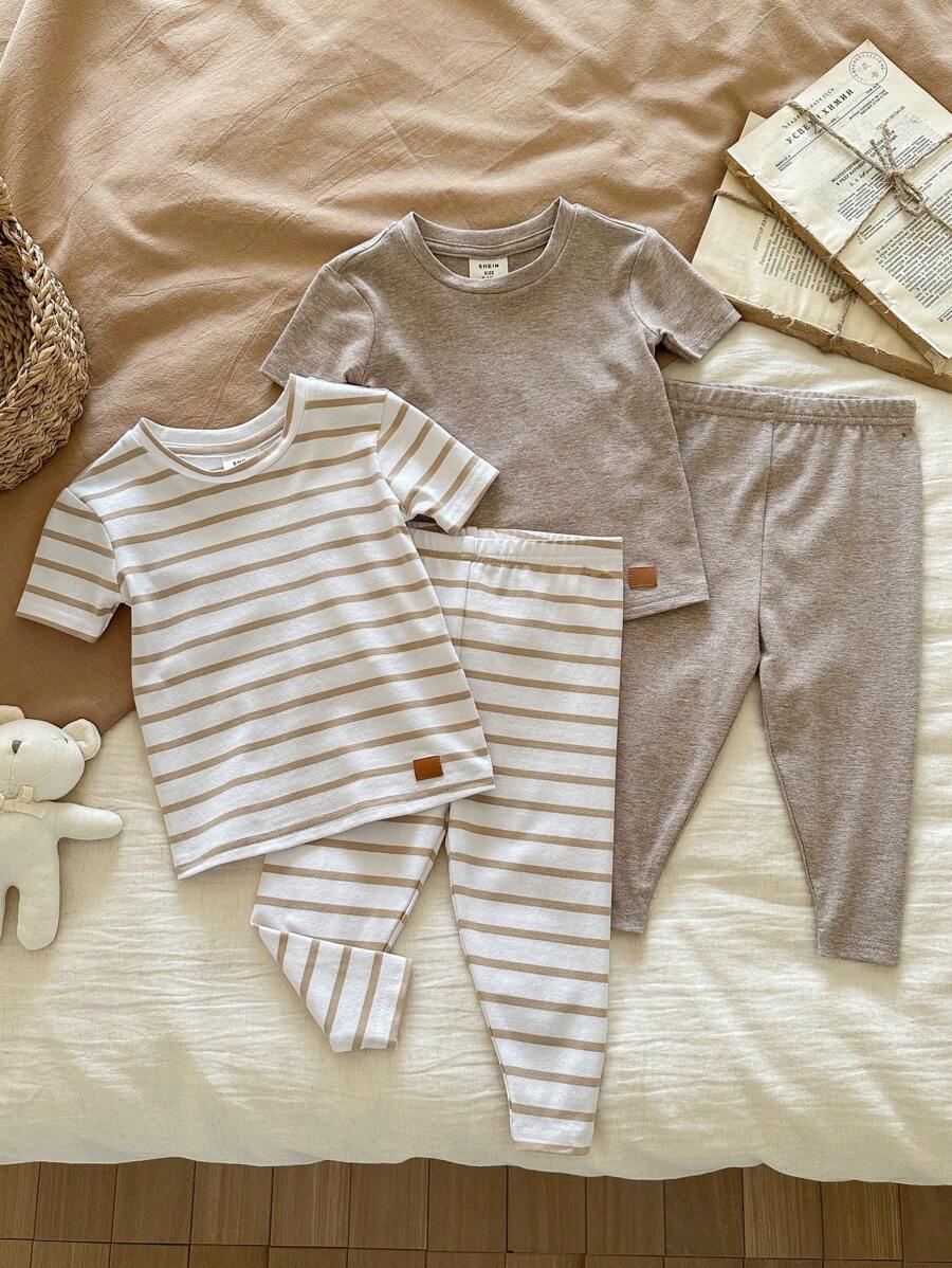 SHEIN LMoss Kids Dozemod 儿童男婴 4 件套舒适贴身纯色条纹圆领短袖上衣和紧身裤睡衣套装 - 棕色 - 查看 1