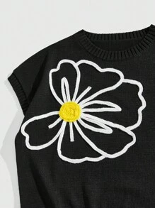 ROMWE MEN Casual Men's Floral Embroidery Round Neck Short Sleeve Loose Knit Sweater, Vacation - Black - View 3