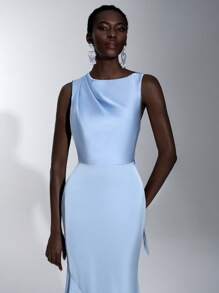 SHEIN Belle Váy phù dâu cổ tròn không tay xếp ly ôm sát viền đuôi cá màu xanh nhạt lãng mạn thanh lịch, thích hợp cho tiệc chị em, hẹn hò, hoạt động đám cưới - Màu xanh lam - Xem 1