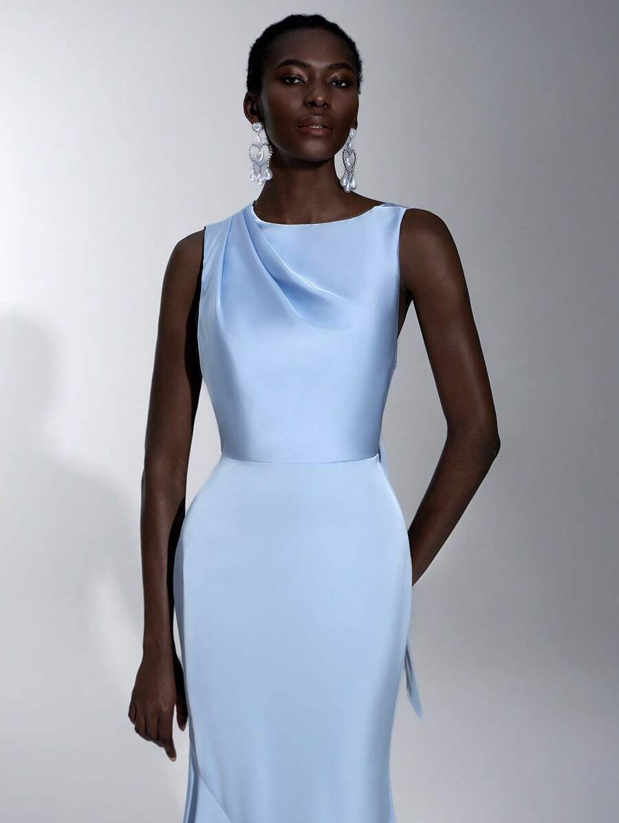 SHEIN Belle Váy phù dâu cổ tròn không tay xếp ly ôm sát viền đuôi cá màu xanh nhạt lãng mạn thanh lịch, thích hợp cho tiệc chị em, hẹn hò, hoạt động đám cưới - Màu xanh lam - Xem 1