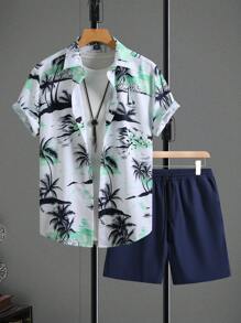 Manfinity RSRT 男士休闲棕榈树印花短袖衬衫和短裤套装，度假