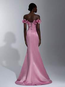 Glamrae Đầm suông trễ vai hoa sen hồng thanh lịch tuyệt đẹp lãng mạn thanh lịch satin hở vai 3D hoa ba chiều đuôi cá dây đeo có thể điều chỉnh hẹn hò kỳ nghỉ độc thân sinh nhật người lớn lễ tiệc khiêu vũ tốt nghiệp mùa về quê đám cưới sự kiện phù hợp đầm dạ hội bền chắc, trang trọng, váy dài, cho buổi tối, khách dự tiệc cưới - Bụi hồng - Xem 3