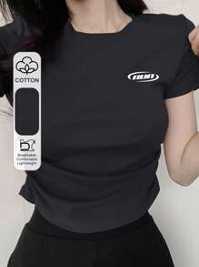 DAZY Áo thun nữ tay ngắn in chữ mùa hè, áo crop top nữ - Màu xám đen - Xem 1