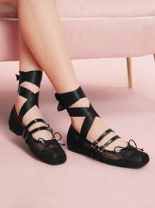 CUCCOO DOLLMOD Giày bệt Mary Jane mũi vuông thắt nơ thời trang cho nữ, thiết kế mới sành điệu - màu đen - Xem 4