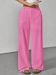 SHEIN PETITE 休闲纯色宽松低腰阔腿裤