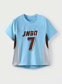 SHEIN Tween Girls Back To School Outdoor Sports Short Sleeve T-Shirt, Children's Round Neck Four-Needle Six-Thread Seamless Contrast Color Outdoor Sports Short Sleeve Top - Blue - View 4