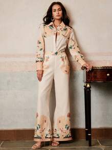 Anewsta Elegant, Vacation, Casual, 2 Pieces Sets, Beach, Festival Women Front Button Floral Print Simple Long Sleeve Top And Pants 2 Pieces Set Spring Outfits