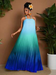 Maweii Plus Size Women Sexy Gradient Print Halter Pleated Decor Versatile Fashion Dress, New Spring/Summer - Multicolor - View 6