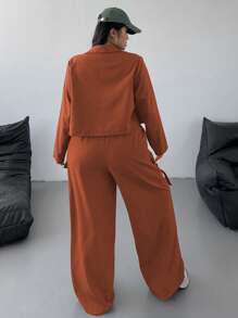 POPSWAY Plus Size Casual Utility Jumpsuit With Large Pockets And Tie Waist, 2pcs Set - Khaki - View 2