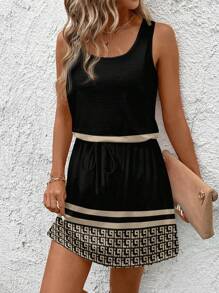 SHEIN LUNE Casual Minimalist Geometric Print Short Dress For Women, Suitable For Summer Vacation Dress Chic Dress,Casual - Multicolor - View 4