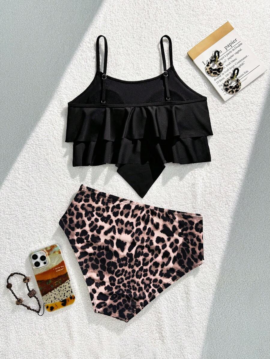 Setelan Baju Renang Remaja Perempuan Model Camisole Warna Polos & Bawahan Segitiga Motif Leopard dengan Rok - MultiWarna - View 1