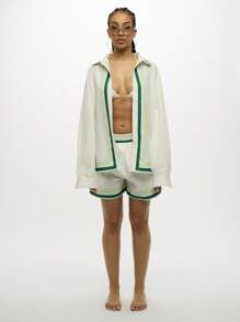 SUMWON WOMEN Elastic Waist Drawstring Shorts Summer Loungewear ComFortable Pyjama Style Striped Trim Sporty Beach Shorts - White - View 3