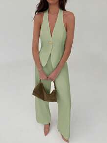 Aloruh Elegant Commuter Solid Color Metal Buckle Decor Cardigan And Straight Leg Pants Two Pieces Outfit, Versatile For Outings