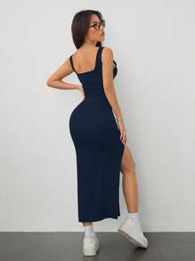 SHEIN PETITE Đầm dài ôm xẻ cao, dây đeo vai bản rộng, chất liệu thun gân co giãn cao dành cho nữ - Màu xanh hải quân - Xem 2