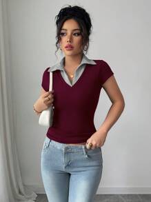 Selianne Blusa casual elegante de negocios Rafferiza para mujer, cómoda y sofisticada, con escote en V, de rayas, 2 en 1, de tela acanalada elástica de alta calidad, corte ajustado, para primavera/verano, de manga corta, en color rojo borgoña