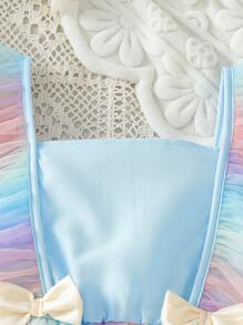 SHEIN 1 pezzo Elegante abito da festa per ragazze rosa con vita vita arricciata, fiocco, maniche a campana in tulle colorato, adatto per ragazze dolci