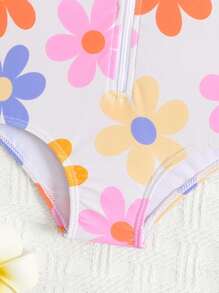 Newborn Baby Girls' Ruffled Floral Print One-Piece Swimsuit With Attached Cover-Up Set For Beach Holiday - Multicolor - View 3