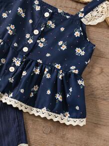 SHEIN Vintaside Kids 2 件套年轻女孩碎花盖袖上衣和阔腿裤夏季套装