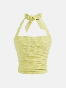 Áo hai dây croptop cổ yếm màu trơn, chất liệu jacquard, dành cho bé gái tuổi teen, kiểu dáng thường ngày, có nơ. - Màu xanh chanh - Xem 1