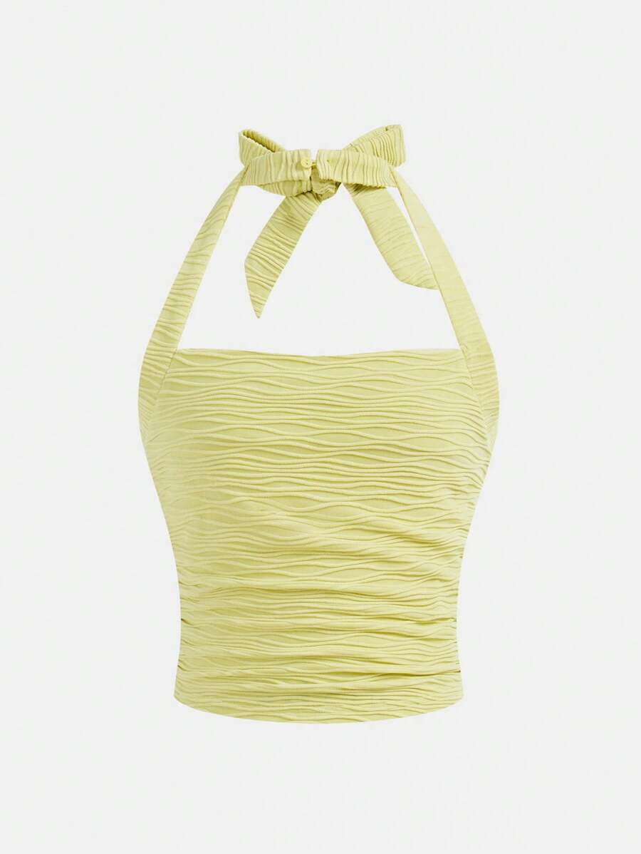 Áo hai dây croptop cổ yếm màu trơn, chất liệu jacquard, dành cho bé gái tuổi teen, kiểu dáng thường ngày, có nơ. - Màu xanh chanh - Xem 1