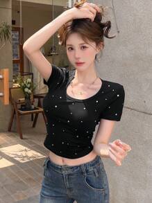 DAZY 圆领水钻装饰修身短袖T恤，适合夏季休闲装，可爱上衣，短款上衣，女士 - 黑色 - 查看 7
