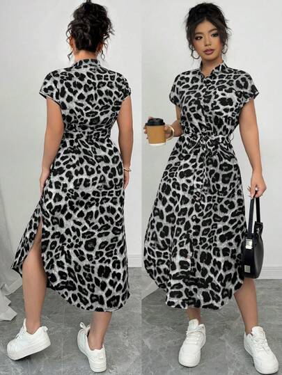 Elenzga Women's Plus Size Elegant Leopard Print Collared Shoulder Sleeve Belted Bow Button Decor Casual Dress, Versatile Fashion Design, Spring/Summer