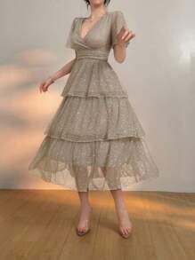 DAZY 夏季优雅婚礼宾客礼服 V领荷叶袖中长亮片连衣裙 女士奢华舞会礼服 闪亮连衣裙 长款连衣裙 - 淺灰色 - 查看 3