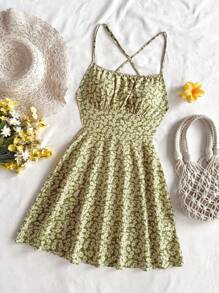 Soleia Ditsy Blumen Kreuz Schnürung Rückenfrei Spaghettiträger Mini Kleid, Sommer