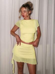 Glamine 2 Pieces Sets Sexy Pink Color Asymmetrical Ruched Sheer Body Sets,Going Out Sets,Birthday Sets,Holiday Party Sets,Women Date Night Outfits,Concert Outfits,Graduation Dress,Street Style Sets, Women 2 Pieces Clothing Two Pieces Outfits For Women Woman 2 Pieces Outfits - Yellow - View 7