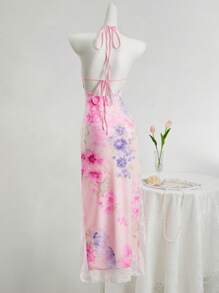 Sweetina Women's Pink Floral Summer Elegant Party Dress,Twist Front Spaghetti Strap Boho Vacation Outfits,Casual Wedding Guest Graduation Easter Rave Clothes - Pink - View 2