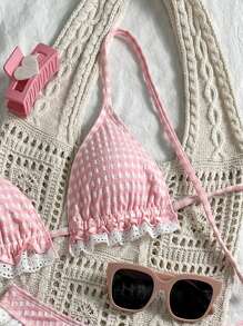 SHEIN Swim 2pcs Women's Vacation Party Casual Beach Special Fabric Halter Wireless Bikini Swimsuit For Summer