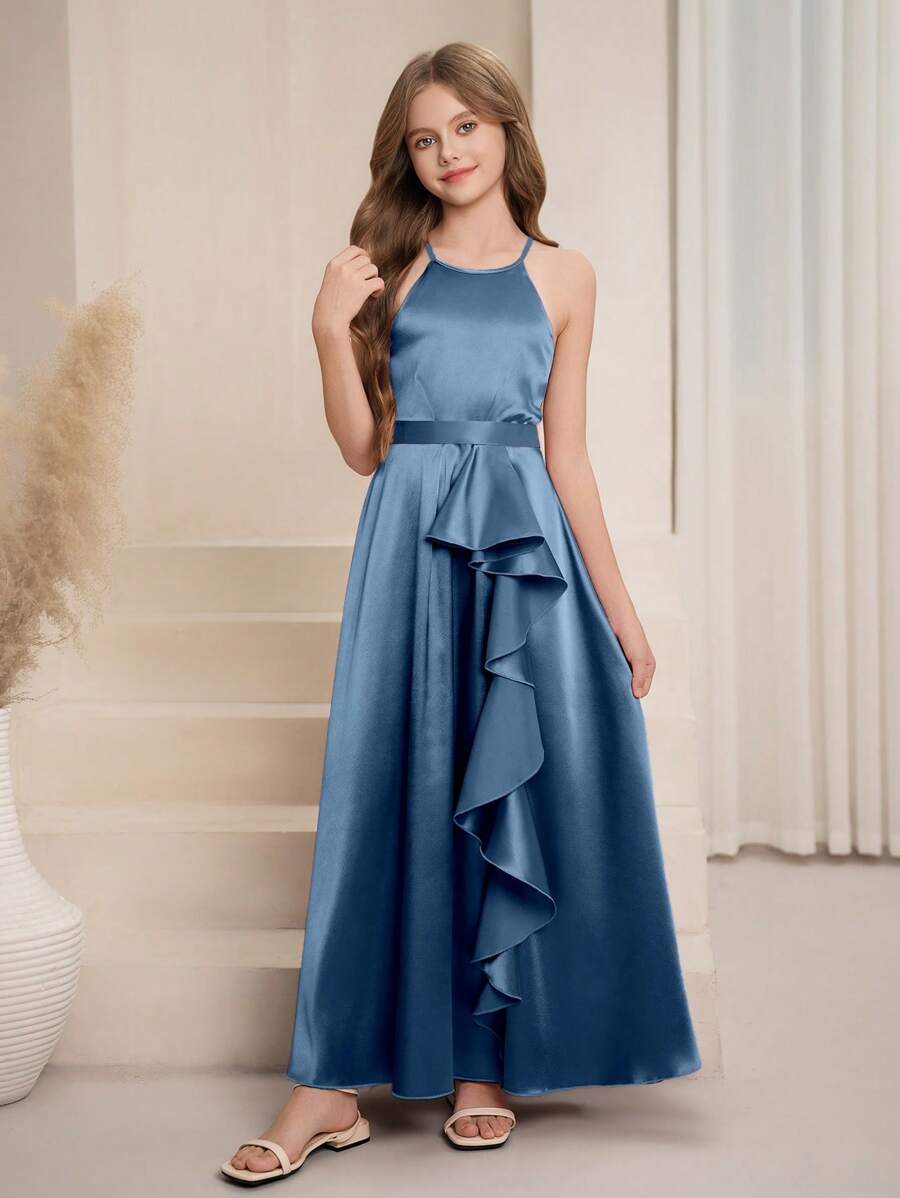 SHEIN Girls' Elegant Spaghetti Strap Ruffle Hem A-Line Long Dress For Wedding, Valentine's Day, Performance, Party, Birthday, Suitable For Teens - Blue - View 1