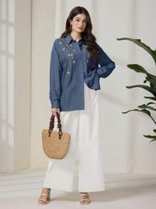 Seusyu 女士优雅花卉刺绣前扣长袖衬衫 - 寶藍色 - 查看 2