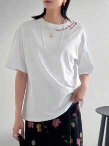 FRIFUL Women's Loose Fit White Round Neck Short Sleeve T-Shirt With Letter Embroidery, Casual Summer Wear - White - View 3
