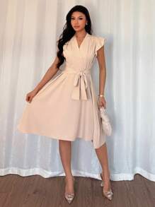 Islaluna Abito elegante da donna con scollo a V incrociato, maniche a volant e lacci, modello a-line, adatto per l'ufficio