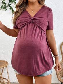 SHEIN Solid Color Maternity Short Sleeve T-Shirt With Front Twist Decor, Casual