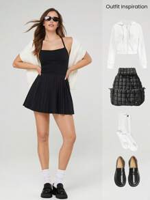 GLOWMODE FeatherFit™-Air Easy Breezy Peekaboo 方领可调节工字背褶皱运动连衣裙，内置短裤侧袋防滑握把低冲击网球高尔夫匹克球日常穿着可拆卸罩杯 - 黑色 - 查看 9