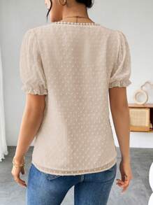 Elenzga Women's French Solid Color Swiss Dot Ruffle Detail V-Neck Puff Sleeve Blouse - Apricot - View 2