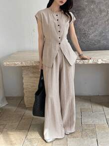 DAZY 女士亚麻短袖衬衫和长裤两件套 - 杏色 - 查看 2