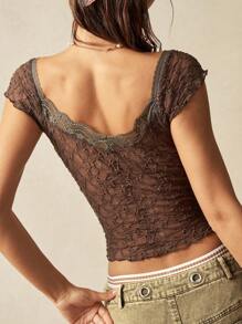 Bohemela 夏季波西米亚风格复活节纯色蕾丝甜心领修身女式T恤 - 棕色 - 查看 7