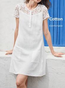 EMERY ROSE Women Simple Button Front Short Sleeve Casual Mini Dress - White - View 1