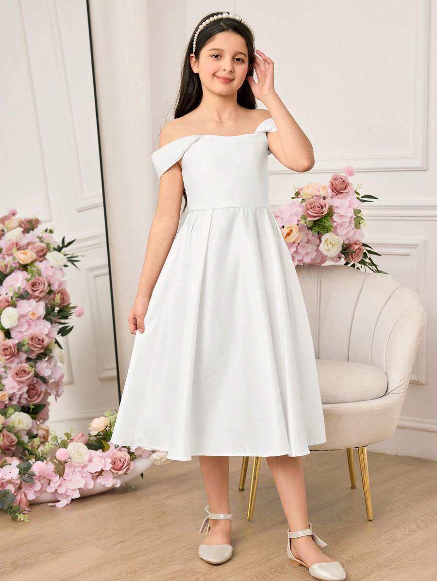 Tween Girls Elegant White Satin Camisole Mid-Length Dress, Summer