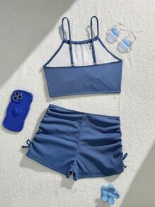 1 Set Teen Girl's Sweet Cute Solid Color Spaghetti Strap Bikini Top And Swim Trunks Swimsuit Summer Holiday