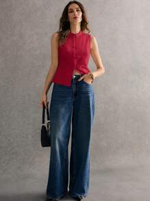 Poéselle Áo ba lỗ không tay cài nút phía trước đơn sắc dành cho nữ, cổ đứng, thường ngày - Màu Hoa hồng đỏ - Xem 5