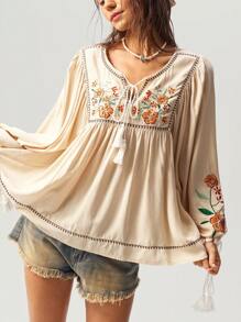 Bohemela 1 件女士度假纯色梭织镂空 V 领长袖衬衫 - 杏色 - 查看 4